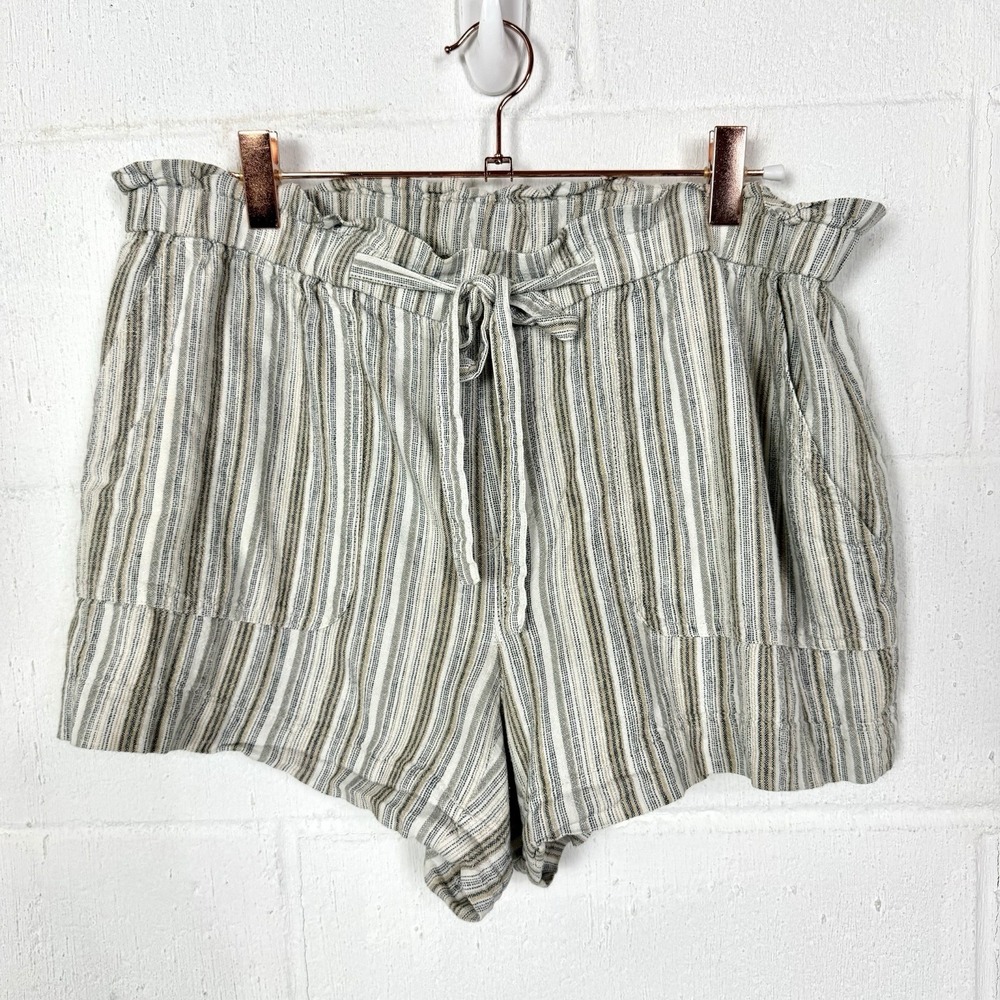 Calvin Klein Linen Blend Pull On Shorts Drawstring Neutral Stripe Coastal SZ 10